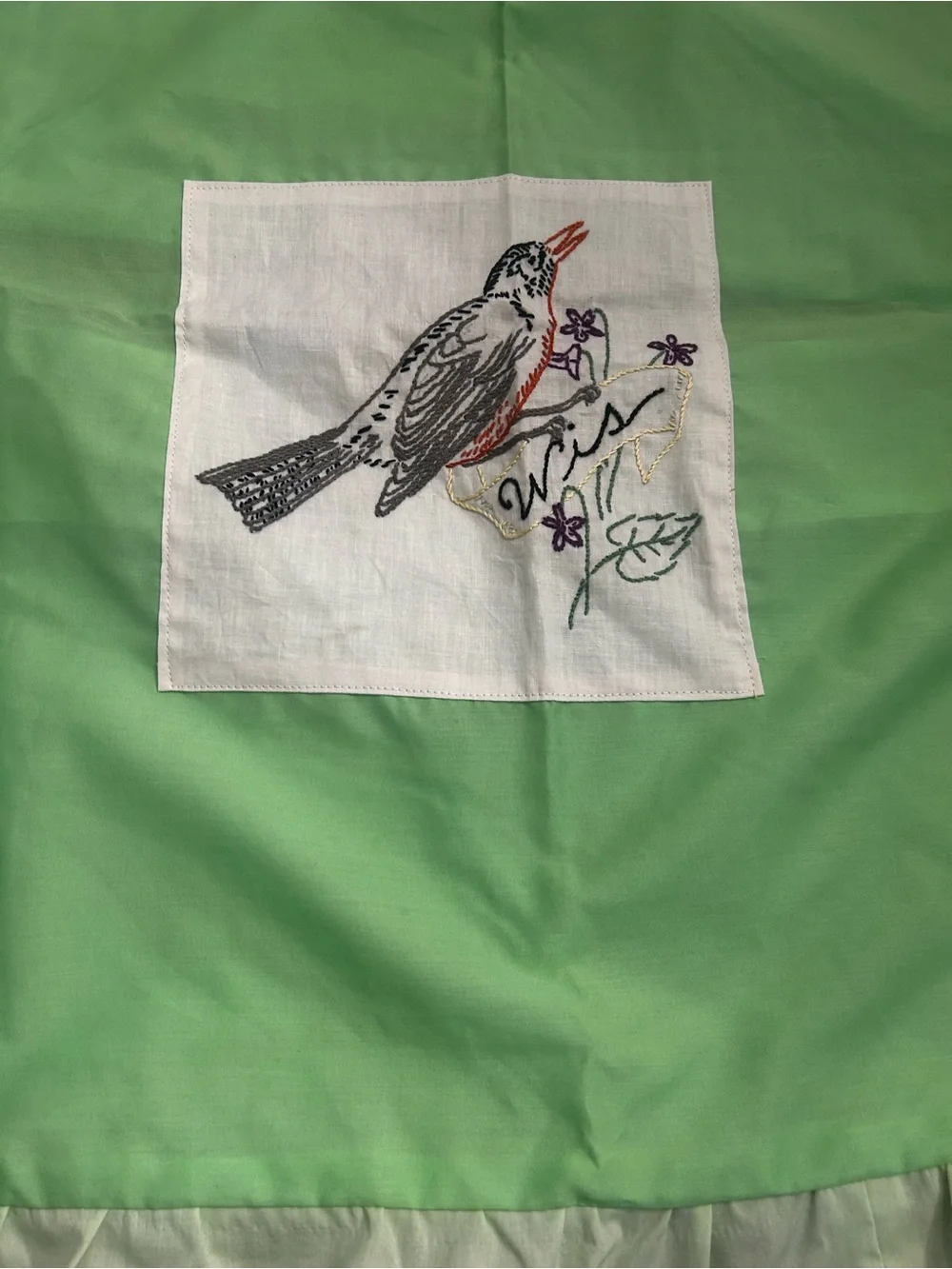 2 Vintage Embroidered Cardinal Pillowcase Shams - Mint Green